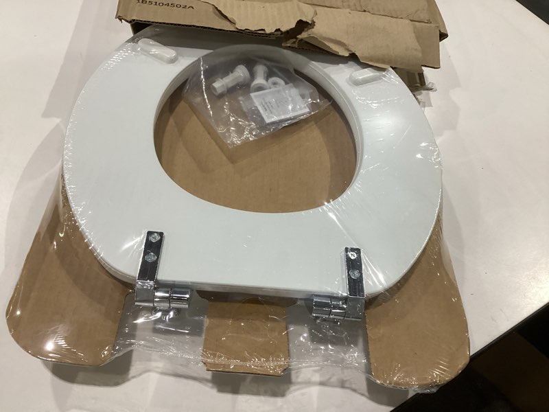 Condition photo showing Good Condition for mayfair padded toilet seat with chrome hinges, soft vinyl over wood core seat, made in usa, round, white elongated seat