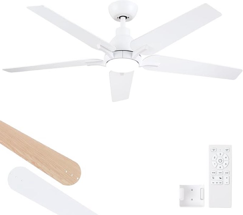 (Similar to stock photo) 52 Inch Ceiling Fans with Lights: White Ceiling Fan 5 Blade Modern Ceiling Fan with Light and Remote for Bedroom Living Room Dining room Patio - Dimmable 6 Speeds Reversible Quiet DC Motor