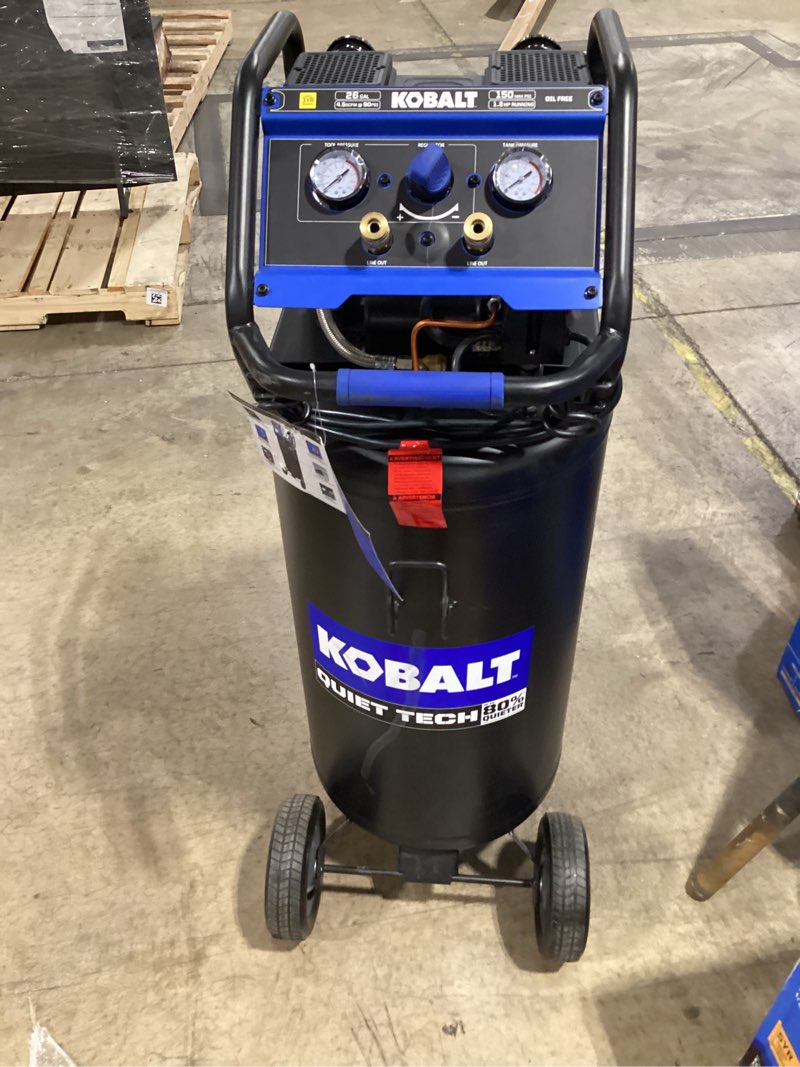 Condition photo showing New/Like New for kobalt quiet tech 26-gallon portable electric 150 psi vertical air compressor item #905518 | model #3332644