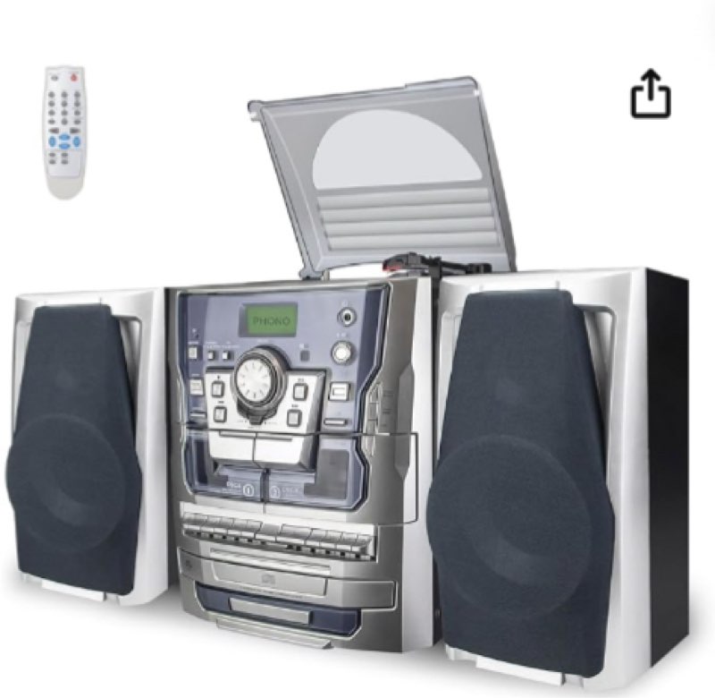 bluetooth stereo vinyl record player, 3-speed ??stereo turntable music system with cd player, dual cassette deck, digital alarm clock, fm radio, cd