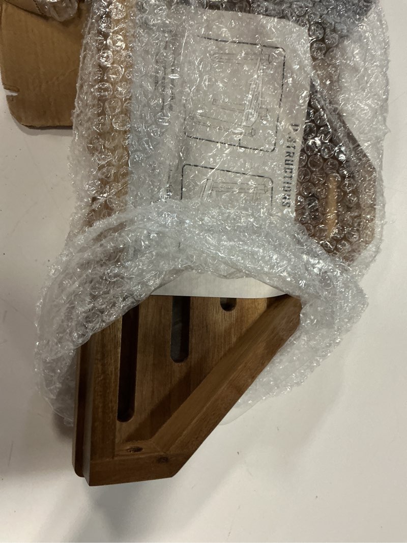 Condition photo showing Good Condition for Shower Foot Rest 14in, Acacia Wood Shower Stool for Shaving Legs, Waterproof Corner Shower Stool with Storage Shelf for Inside Small Shower Spaces, Wood Color