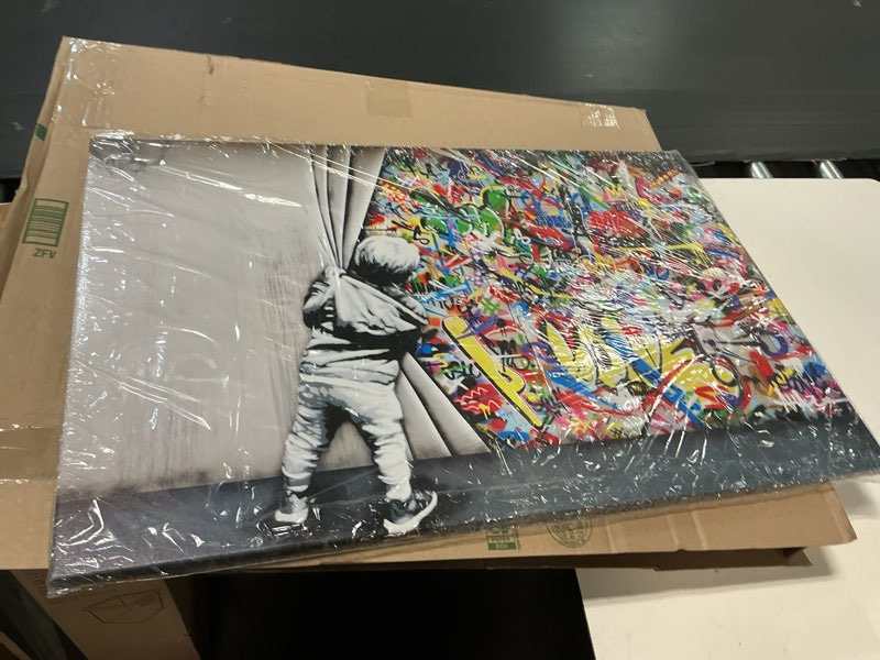 Condition photo showing New/Like New for yatsen bridge classic street art banksy graffiti wall art | behind the curtain colorful graffiti framed pictures prints for living room home 36 x 24 inch graffiti boy-colorful 36"l x 24"w