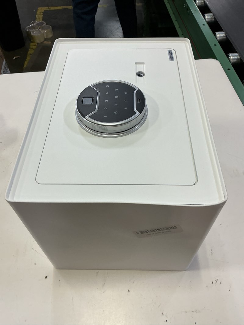 Condition photo showing As Is for goldenkey white fingerprint safe for home, 1.2 cu ft biometric security safe box with touchscreen keypad, jewelry safes for cash, fireproof waterproof document safes for bedroom, closet, office white with fire bag safe