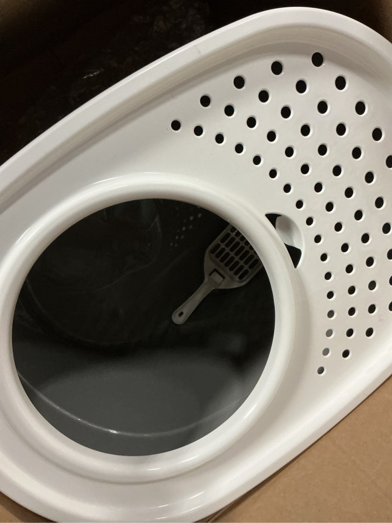 Condition photo showing Good Condition for iris usa cat litter box large top entry with lid enclosed covered hooded design litter catching scatter shield pan dog proof pet proof scoop included odor control for indoor cats kittens gray/white oval gray w/ scoop