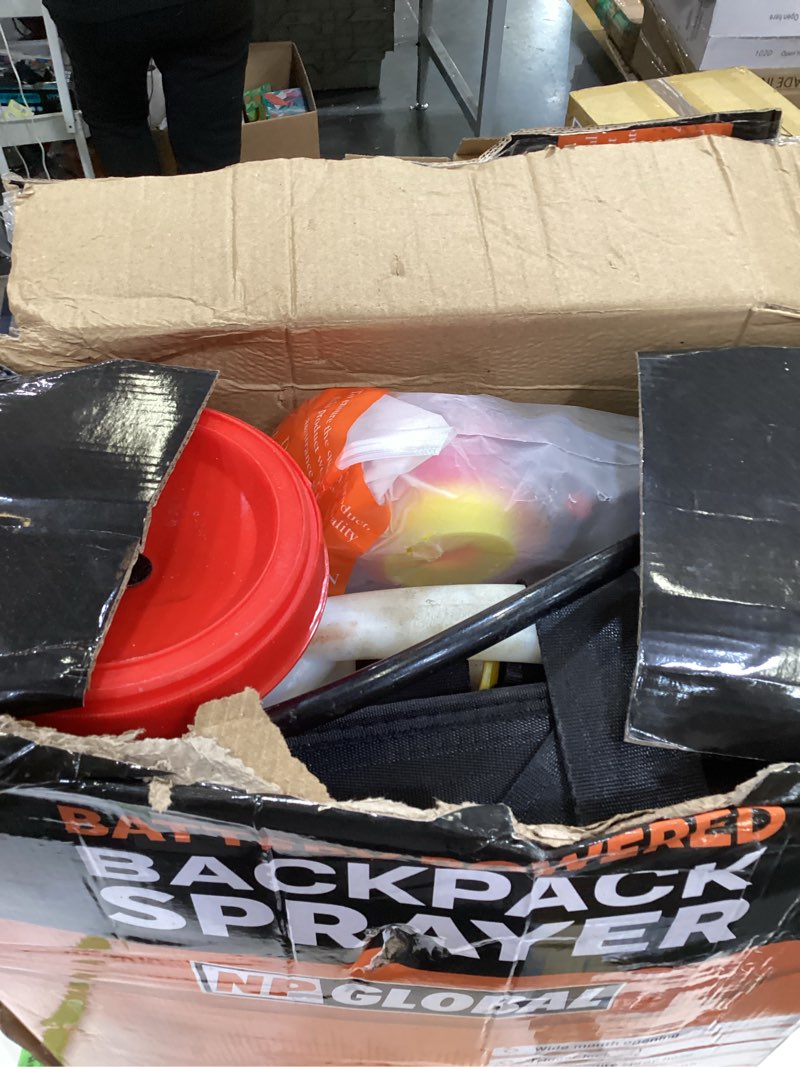 Condition photo showing As Is for battery powered backpack sprayer - 4.2 gallon, 8 nozzles, 100psi cutoff, long battery life, wide mouth, high-pressure spray hose, trigger lock, pressure knob controller 100 psi pressure