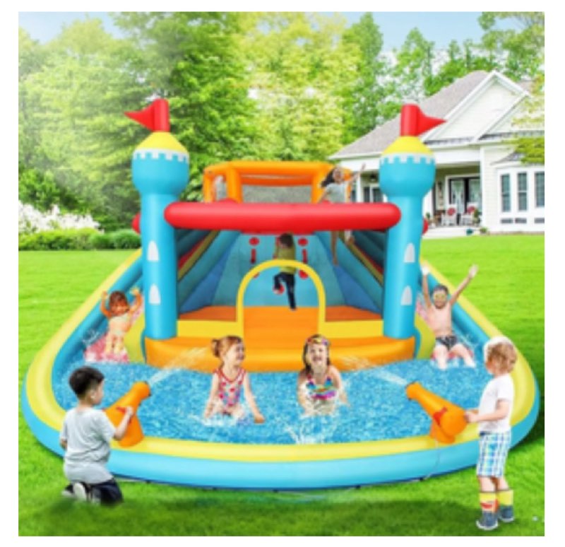 14.1x13.7ft inflatable bounce house with double slide,castle styling,splashing pool,double water cannon,climbing wall,heavy duty gfci blower,inflatable water park slide for kids backyard summer