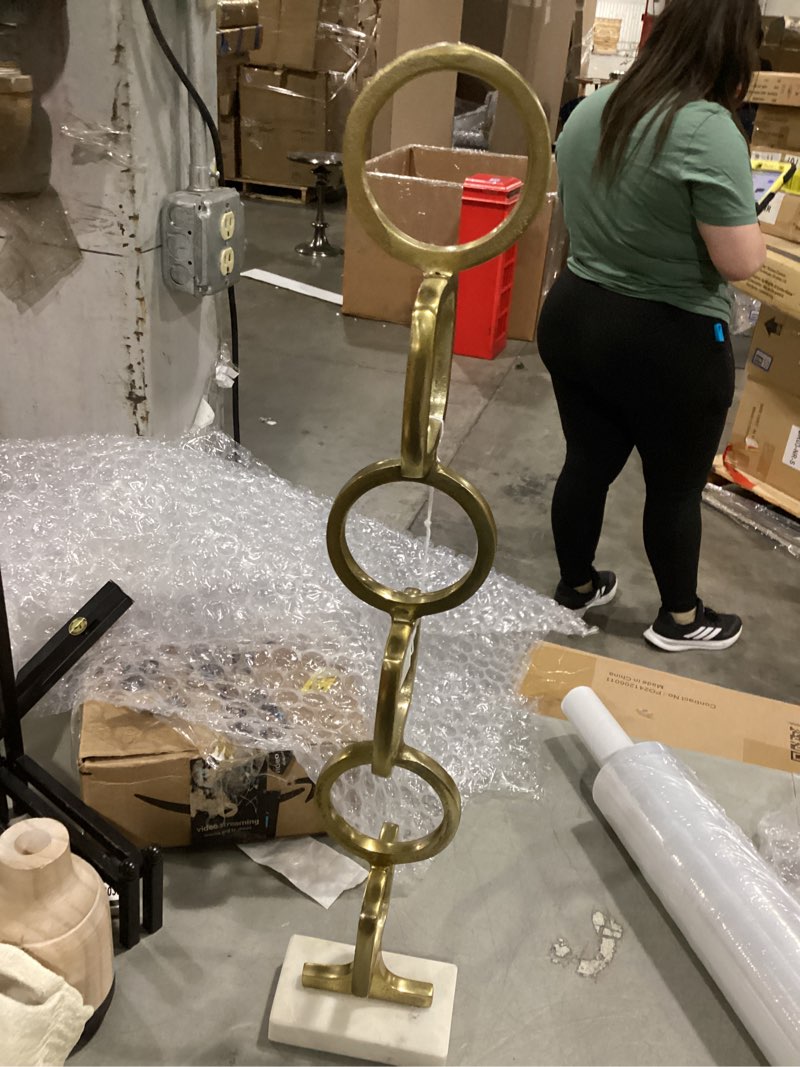 Gold Aluminum Stacked Geometric Rings Abstract Sculpture with White Marble Bases