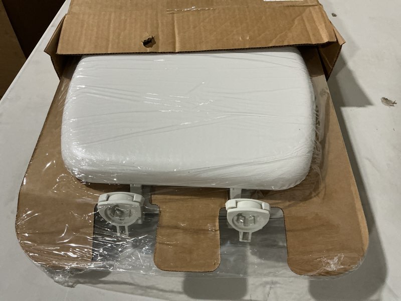 Condition photo showing Good Condition for mayfair padded toilet seat, cushioned soft vinyl over wood core seat, secure hinges, easy clean, made in usa, elongated, white