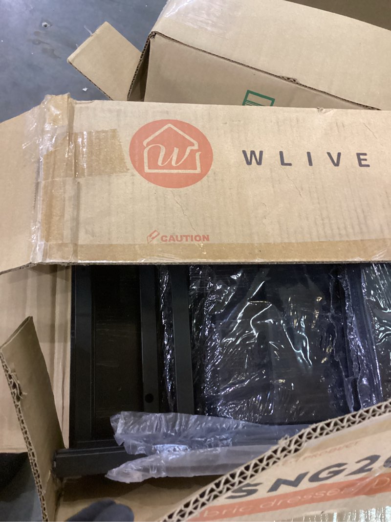 Condition photo showing Good Condition for WLIVE Black Dresser TV Stand for 45, 50, 55 inch TV, Entertainment Center with LED Lights & Charging Station, Chest of drawers with 9 Fabric Drawers and Open Shelves for Living Room, Hallway, Wood Top Charcoal Black Wood Grain