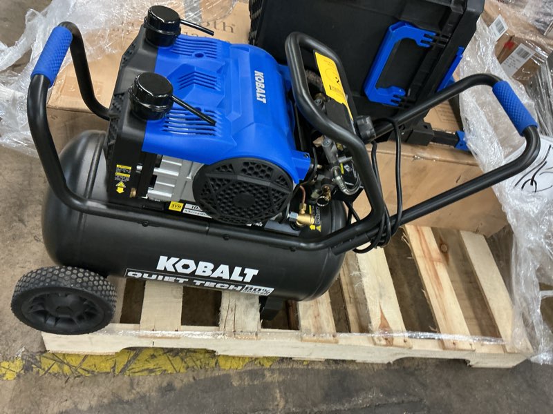 Condition photo showing As Is for kobalt quiet tech 10-gallon portable electric 175 psi horizontal air compressor
