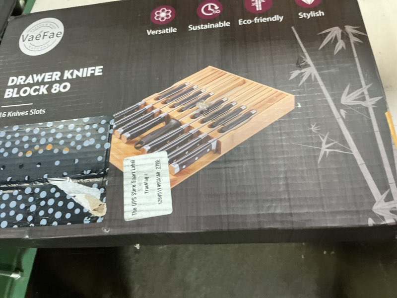 Condition photo showing New/Like New for vaefae in-drawer knife block,bamboo knife drawer organizer insert, kitchen knife drawer storage for 16 knives plus a slot for your knife sharpener (without knives) 16 holder