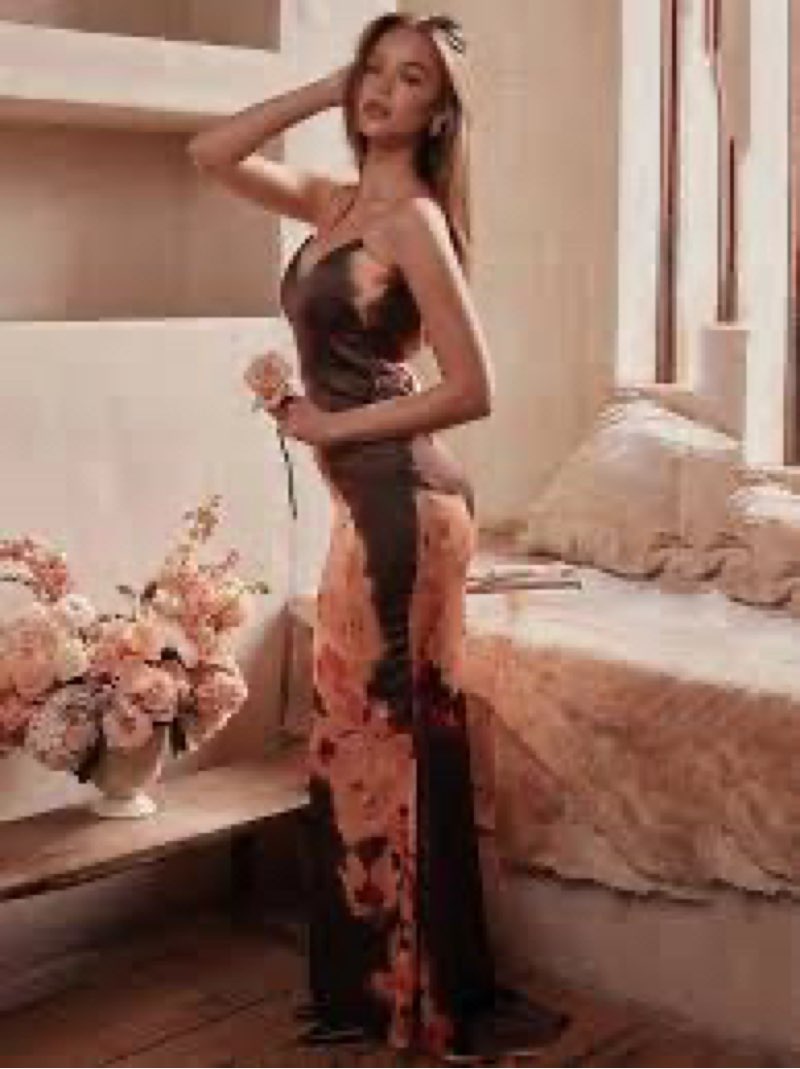 (Similar)ISZPLUSH Women Sexy Backless Satin Maxi Dresses Spaghetti Strap Floral Print Dresses Slim Fit Elegan