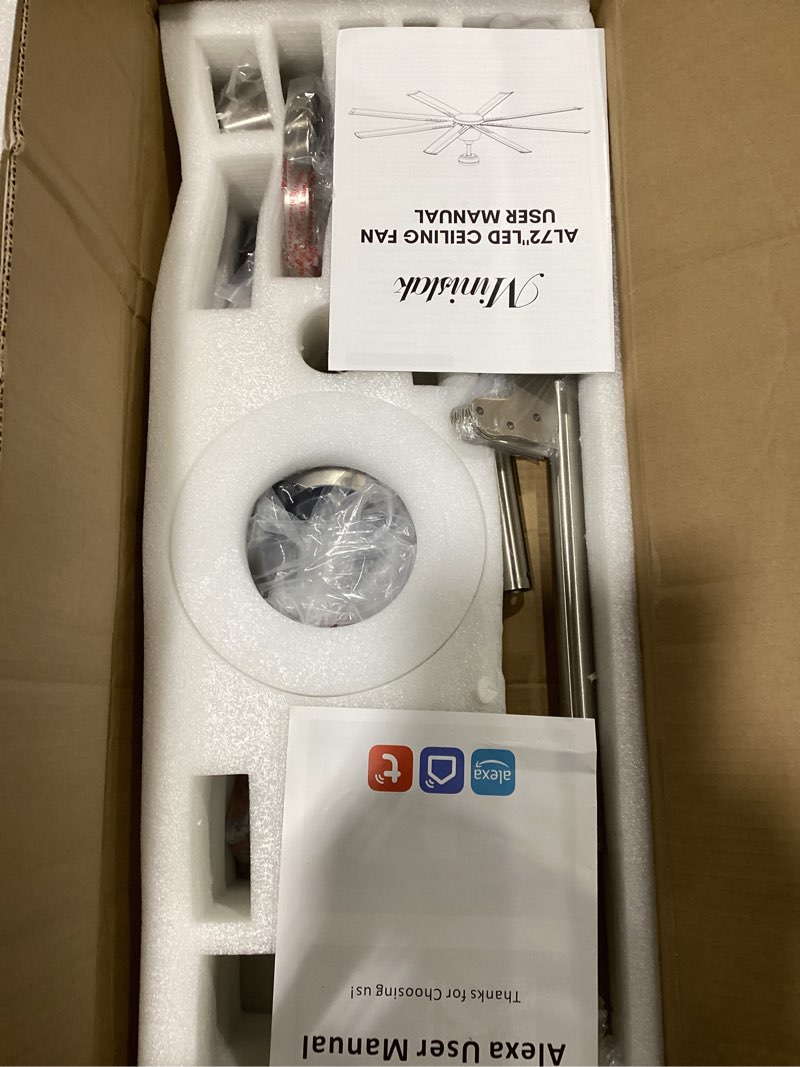Condition photo showing Good Condition for 72 lnch lndustrial Smart Celing Fan with Light and Remote Control via WIFI Alexa,Large Celing Fan with 8 Brushed Nickel Aluminum Blades,6 Speed Noiseless DC Motor Indoor Outdoor Ceiling Fans for Patio 72 Inch Silver