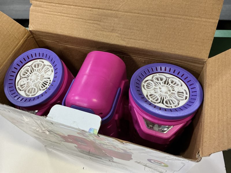 Condition photo showing Good Condition for dual-engine bubble machine with auto rotation & rgb lights & remote control,1800ma type-c rechargeable,700ml tank,bubble maker for kids, party, wedding, backyard outdoor toy purple