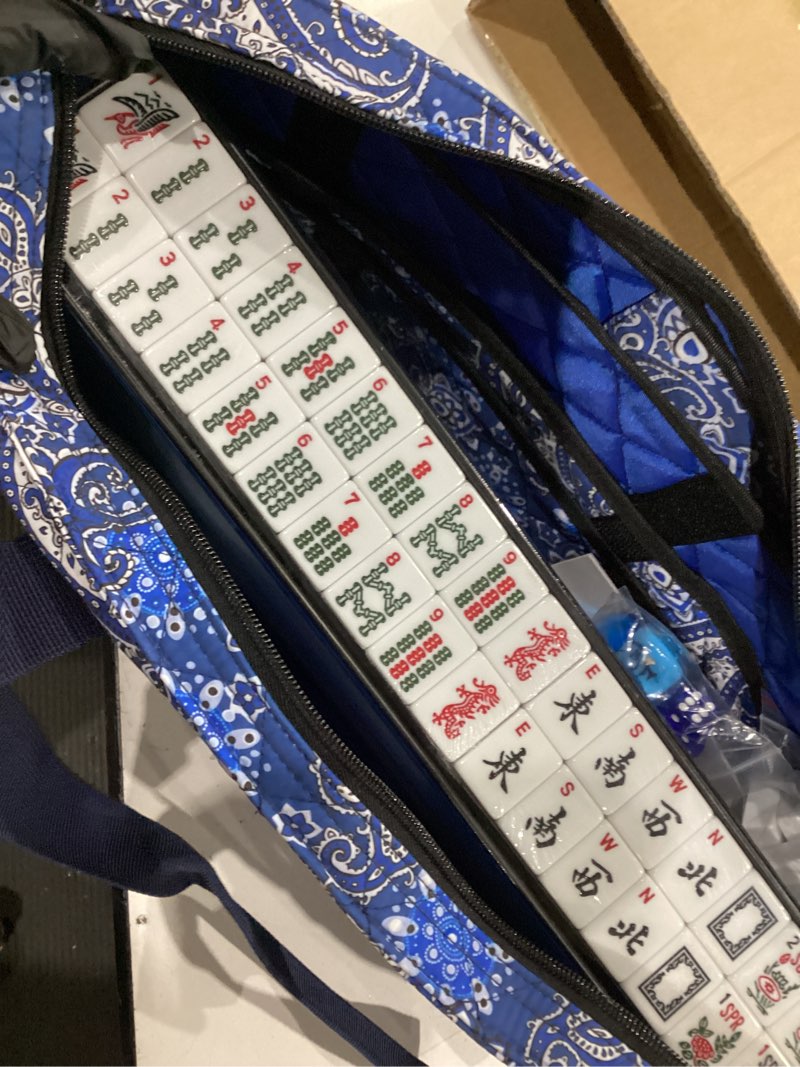 Condition photo showing Good Condition for american mahjong game set, 166 quality white tiles, 4 all-in-one color rack/pushers, mahjong tile set with blue printed carrying bag