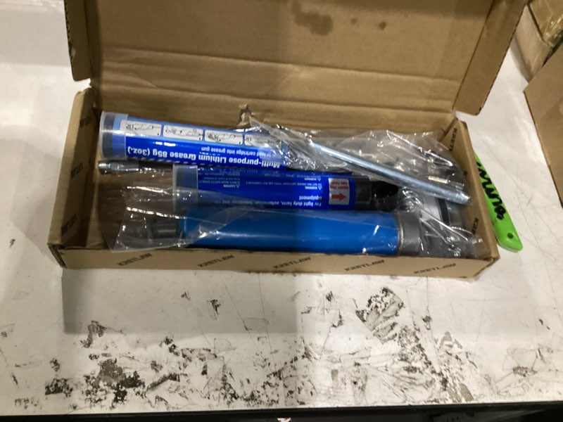 Condition photo showing As Is for kretlaw mini grease gun (3000psi) with double 3oz cartridge grease and 12'' flex hose, reinforced coupler for automotive,marine blue grease gun kit+2pcs cartridge grease