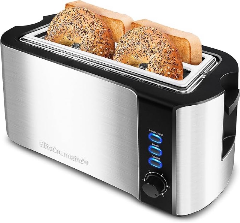 Elite Gourmet ECT-3100 Long Slot 4 Slice Toaster, Reheat, 6 Toast Settings, Defrost, Cancel Functions, Built-in Warming Rack, Extra Wide Slots for Bagels Waffles, Stainless Steel & Black