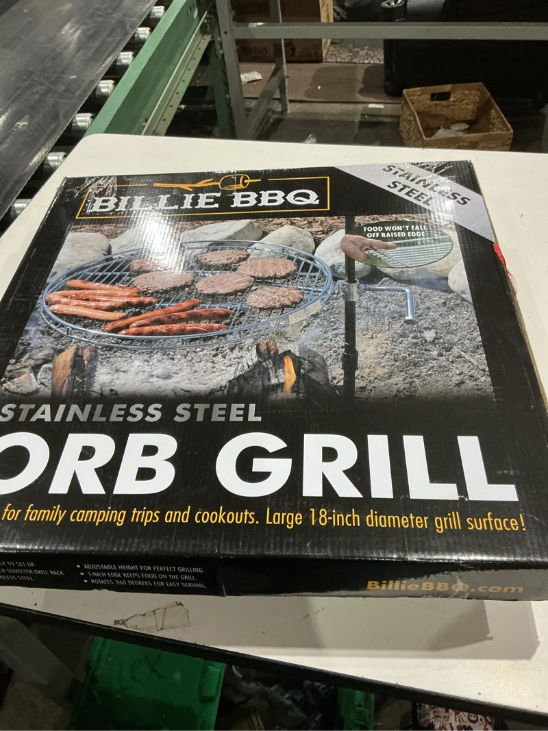 Condition photo showing Good Condition for portable orb campfire grill, 18" dia, hd stainless steel rack with 2 piece stake, free carrying bag,