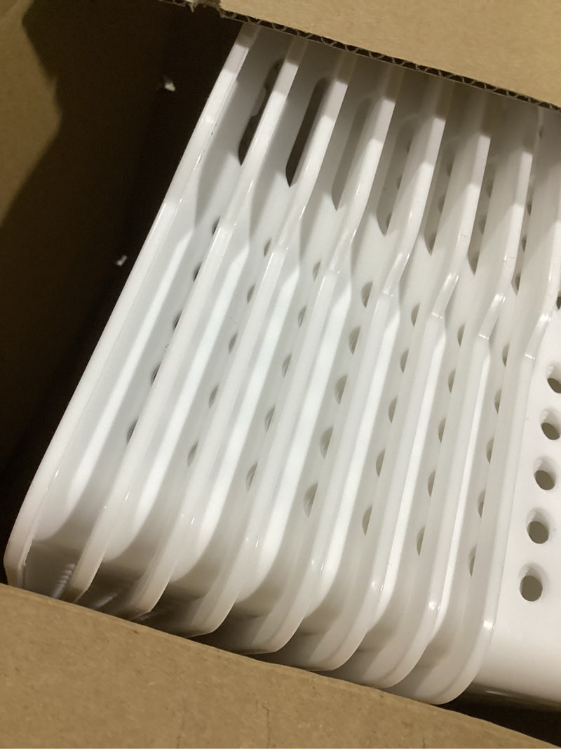 Condition photo showing New/Like New for 12 pcs plastic storage baskets bulk 14 x 10 in stackable storage bin with handles a4 size desktop file letter organizer tray multi-purpose container for shelve desktop classroom office home playroom white