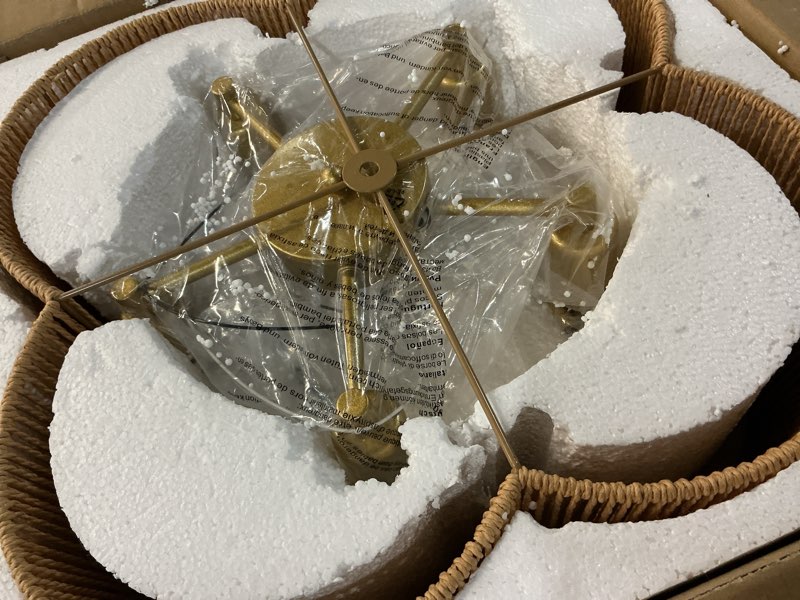 Condition photo showing New/Like New for Hamilyeah 20 inch Boho Scalloped Flush Mount Ceiling Light Fixture with Rattan Shade, Gold Woven Light Fixture Ceiling Mount with 4 Light for Living Room, Bedroom, Kitchen Glod 20INCH