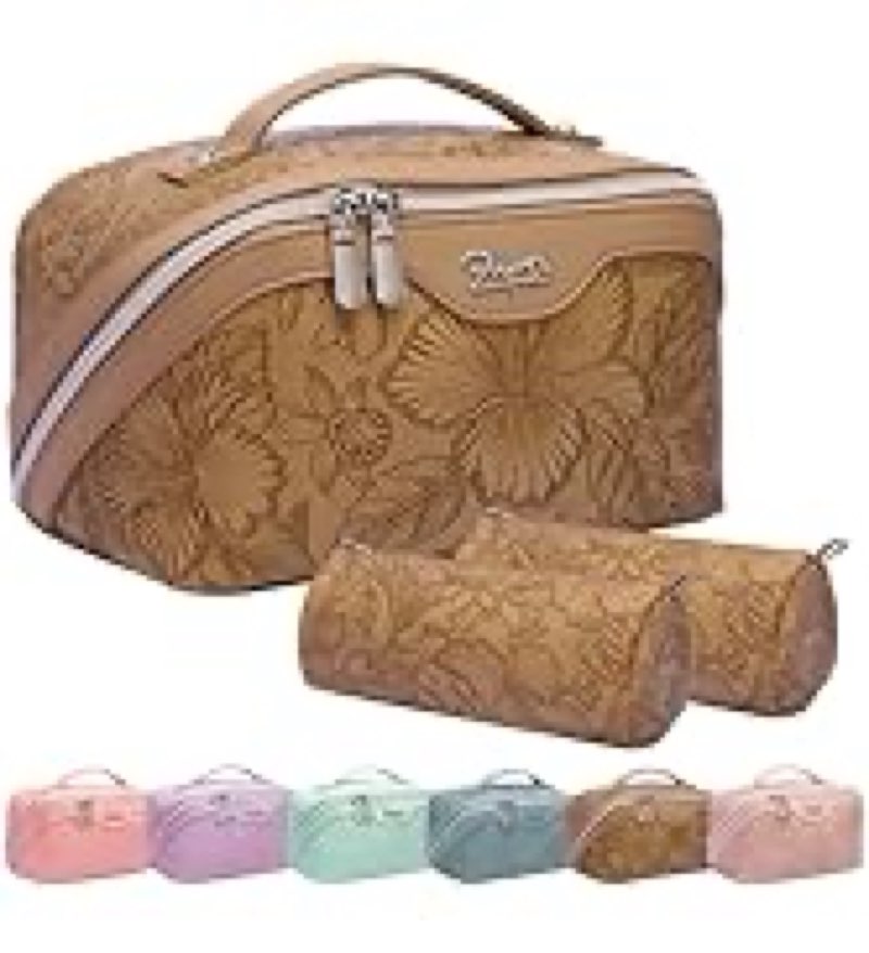 boyatu travel makeup bags cosmetic organizer bag: 3-set large capacity make up bag - pu leather toiletry bags for women - wide open portable pouch with divider & handle