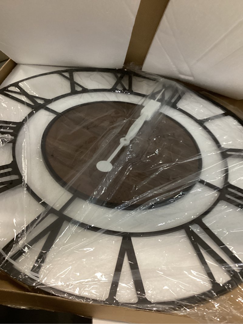 Condition photo showing Good Condition for 30 Inch Extra Large Giant Wall Clock,Oversized Round Silent Vintage Industrial Black Metal Farmhouse Big Roman Numeral Wall Clocks for Living Room,Kitchen,Bedroom Home Decor Black Roman 30 inch