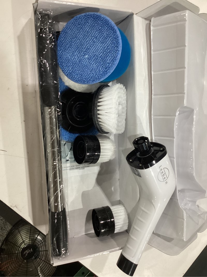 Condition photo showing New/Like New for leebein electric spin scrubber, cordless cleaning brush with 8 replaceable brush heads, tub and floor tile 360 power scrubber dual speed with adjustable & detachable handle for bathroom kitchen car white