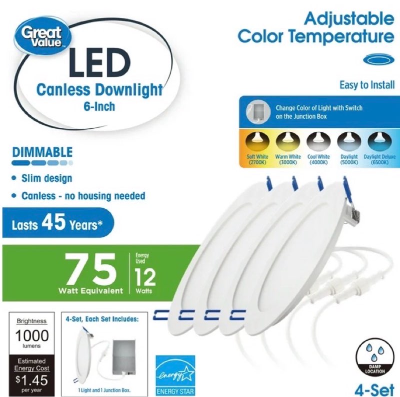 Great Value 6" LED 12W (75W Equivalent) Adjustable Color Temperature Canless Downlight, 4 Count
