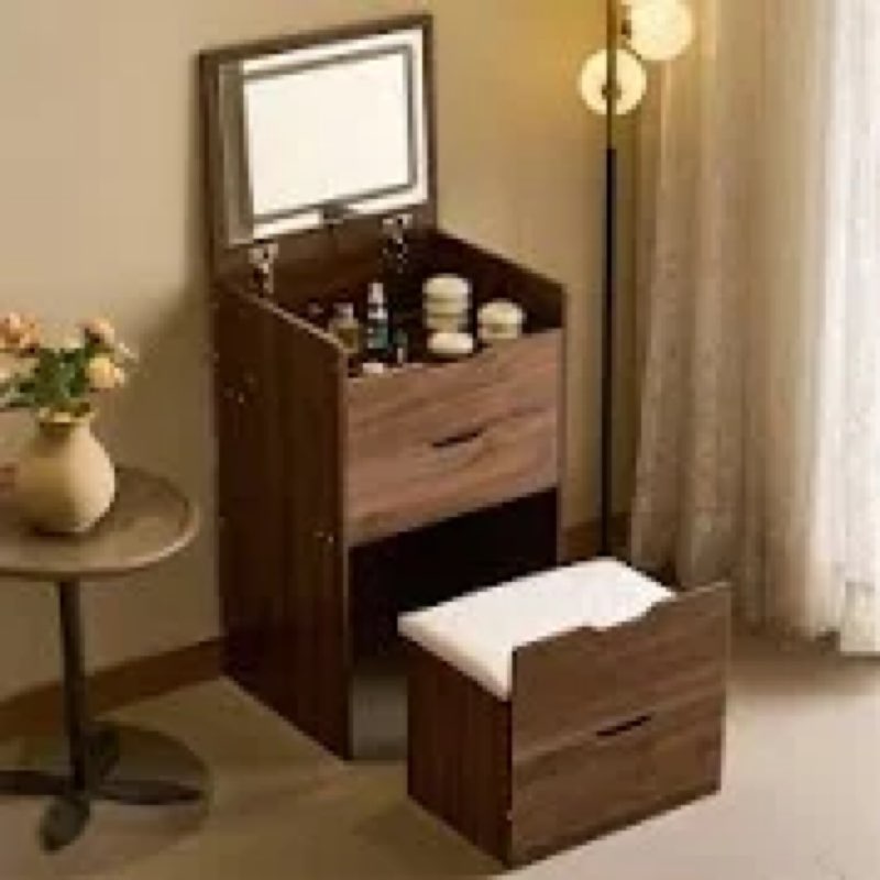 Stetson 3-in-1 Vanity Desk with Glass Top, LED Mirror & Upholstered Stool