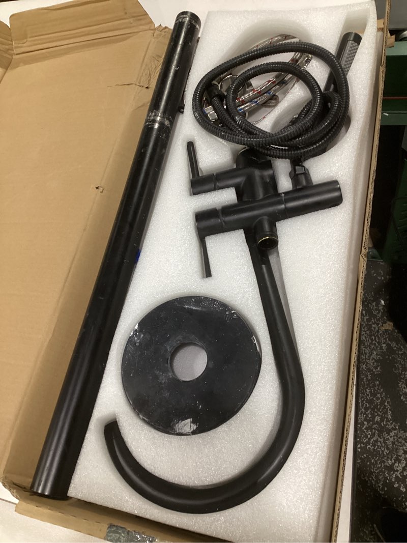 Condition photo showing As Is for (used)yagatap freestanding bathtub faucet floor mount tub filler matte black high flow shower faucets with handheld shower mixer taps swivel spout matte black high arc