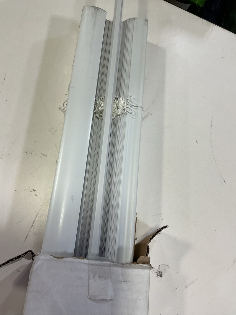 Condition photo showing As Is for project source room darkening 1-in slat width 35-in x 64-in cordless white vinyl room darkening mini-blinds