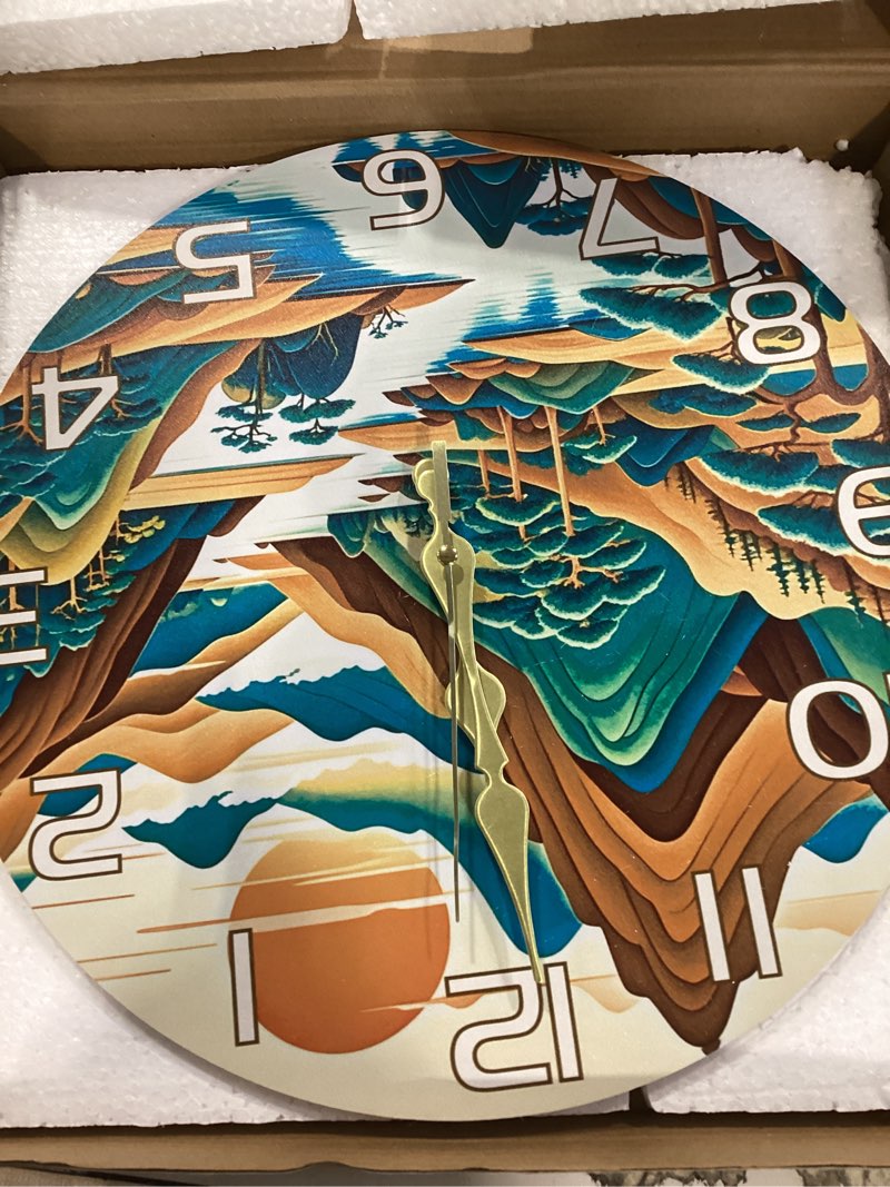 Condition photo showing Good Condition for chgcraft forest and sun style pattern wall clock 12 inch non-ticking mountains and rivers clocks round wall hanging clock battery operated for bedroom living room kitchen office