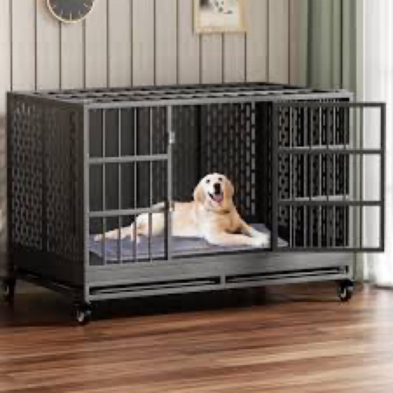 heavy duty dog crate with wheels, folding metal big dog cage for large and medium dogs, extra large xl xxl indestructible furniture style dog crate with removable tray. incomplete 