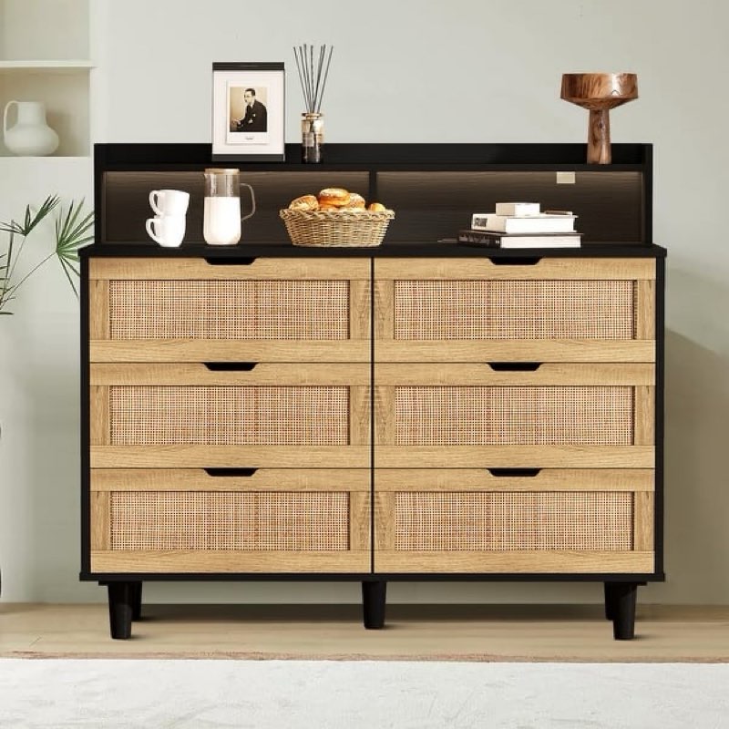 Vintage Farmhouse Wooden Storage Sideboard with LED Lights and Charging Station