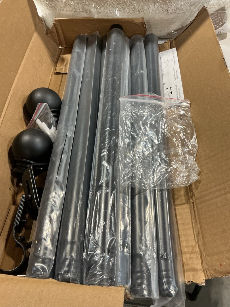 Condition photo showing As Is for gxoackj curtain rods for windows 66-120 inch, 1 inch diameter decorative matte black adjustable heavy duty metal curtain rod set with brackets 35-120''/1''diameter black