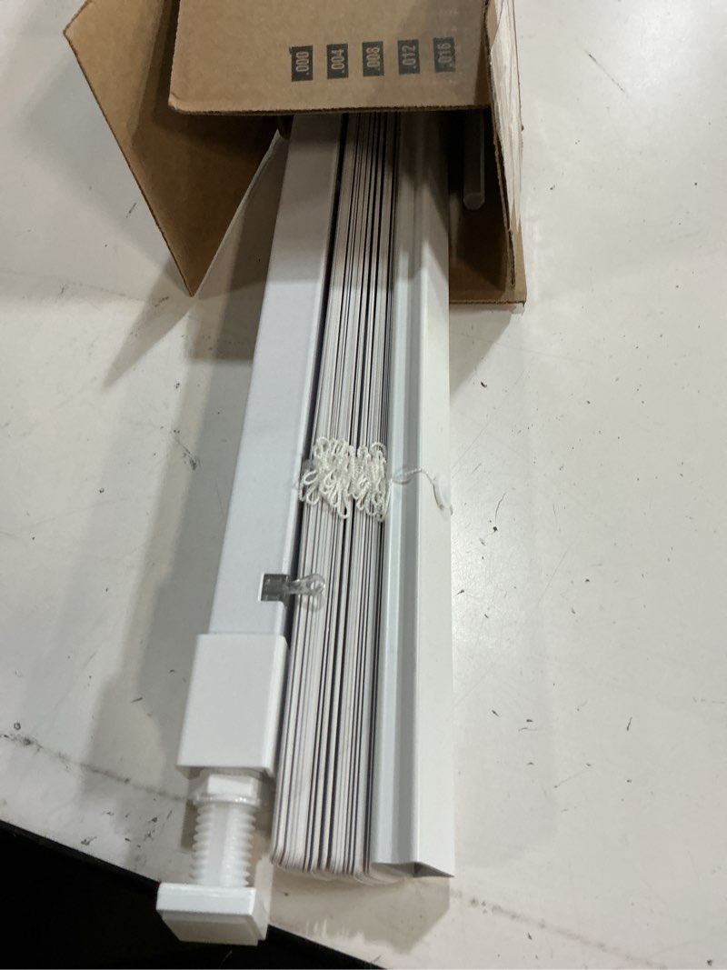 Condition photo showing As Is for lazblinds no tools no drill 1" vinyl mini blinds, cordless blinds for windows, light filtering horizontal window blinds & shades, 43" w x 48" h, white cordless-white 43" w x 48" h