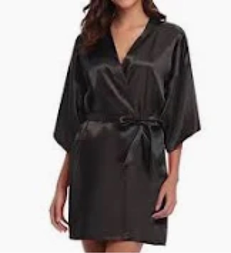 RoseSeek Women's Satin Belted Knee Length Robes 3/4 Sleeve Sleep Bathrobe Night Spa Kinomo Black Sma