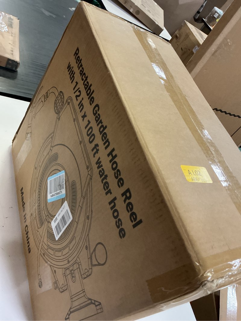 Condition photo showing New/Like New for ayura retractable garden hose reel 100 ft x 1/2 inch with pro metal shaft, heavy duty automatic garden hose reels with kink-free rewind and lock at any length, wall mount water hose reel for outside