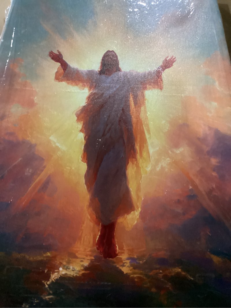 Condition photo showing New/Like New for risen christ canvas wall art framed painting jesus with divine light rays outstretched arms in white robes religious christian wall decor artwork print poster 16x24 inches illuminating jesus 24"l x 16"w