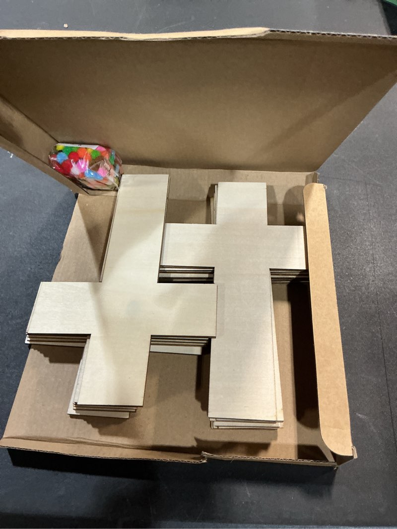 Condition photo showing New/Like New for blueweenly 12 set 9 inch diy wooden crosses crafts kits for christian sunday school with 200 plush ball accessories, layered cross framed cross for diy crafts valentine easter