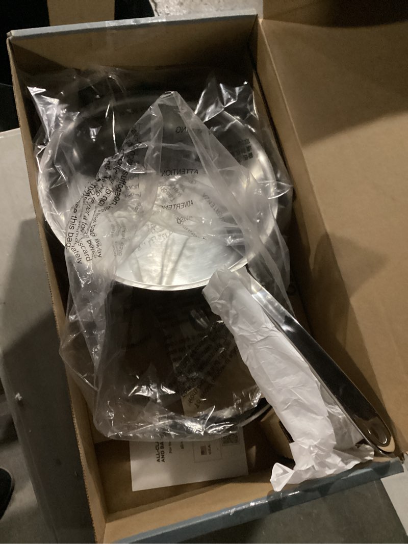 Condition photo showing New/Like New for All-Clad D3 3-Ply Stainless Steel Sauté Pan with Lid & Handle 3 Quart, Induction, Oven Broiler Safe 600F, Multi-Cooktop, Deep Frying Pan, Everyday Pan, Skillet, Pots and Pans, Cookware, Kitchen Silver Silver 3-Quart