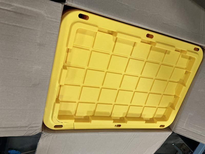 Condition photo showing As Is for  member's mark 27 gallon heavy-duty black and yellow storage tote, 20.6" d x 30.6" w x 14.3" h, 1 pack or 4 pack