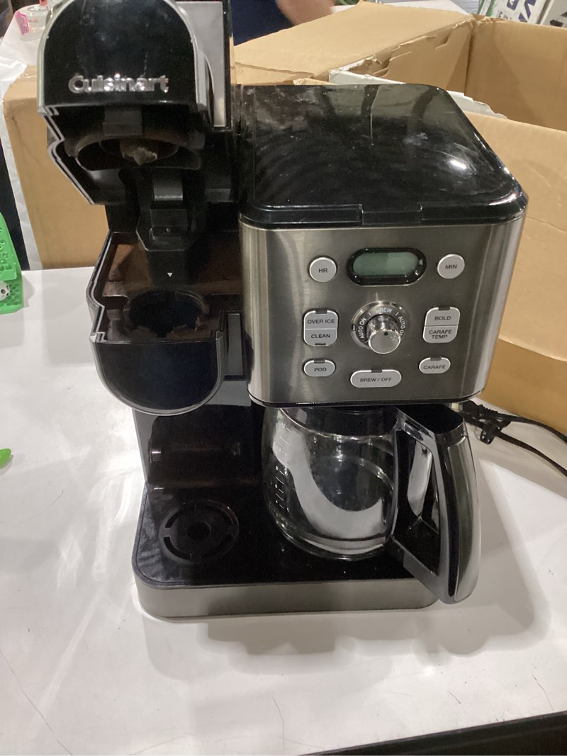 Condition photo showing As Is for used cuisinart 12-cup coffee maker, single-serve brewer glass carafe, automatic hot & iced coffee machine, brew strength control and pause, ss-16, stainless steel