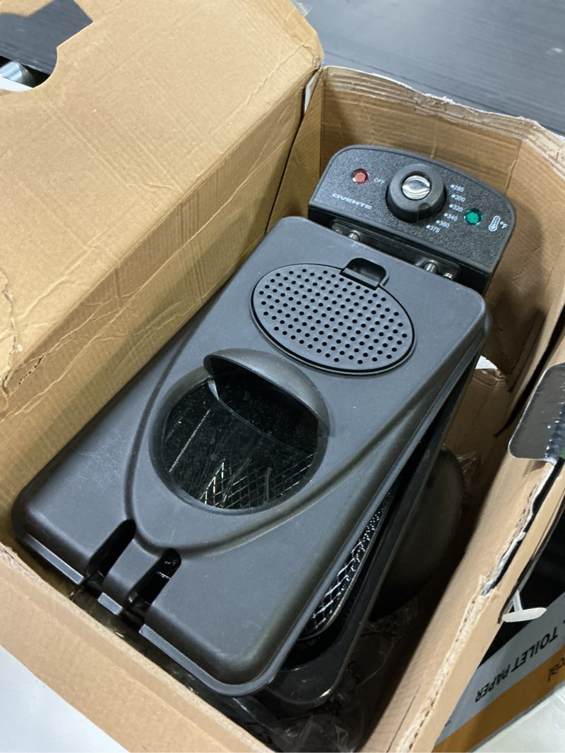 Condition photo showing As Is for ovente electric deep fryer 2 liter capacity, 1500 watt lid with viewing window and odor filter, adjustable temperature, removable frying basket and easy to clean stainless steel body, silver fdm2201br fdm2201br - silver