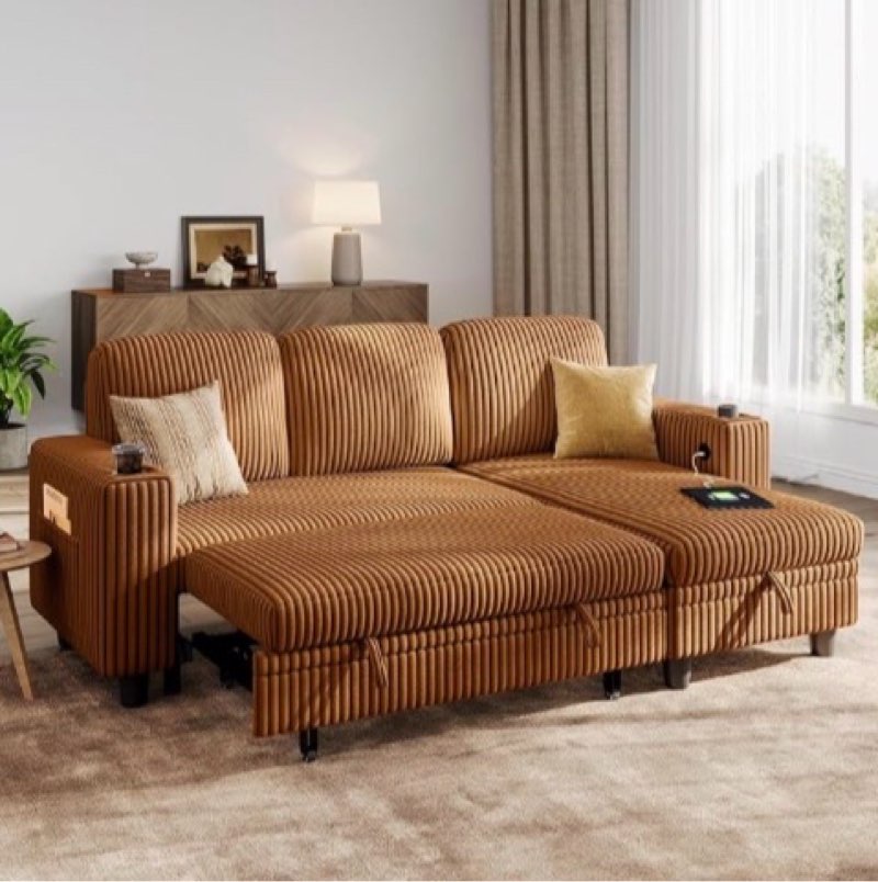 LINSY HOME Sectional Sleeper Sofa with Pull Out Couch Bed - Convertible Plush Corduroy Cloud Couch with Storage Chaise & USB Charging, Comfy L Shaped Modular Couches for Living Room Apartment, Sleeper Sofa 1