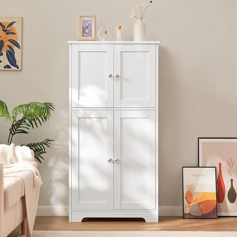 teenfon bathroom floor storage cabinet, freestanding bathroom storage unit with 2 adjustable shelves & 4 doors, white