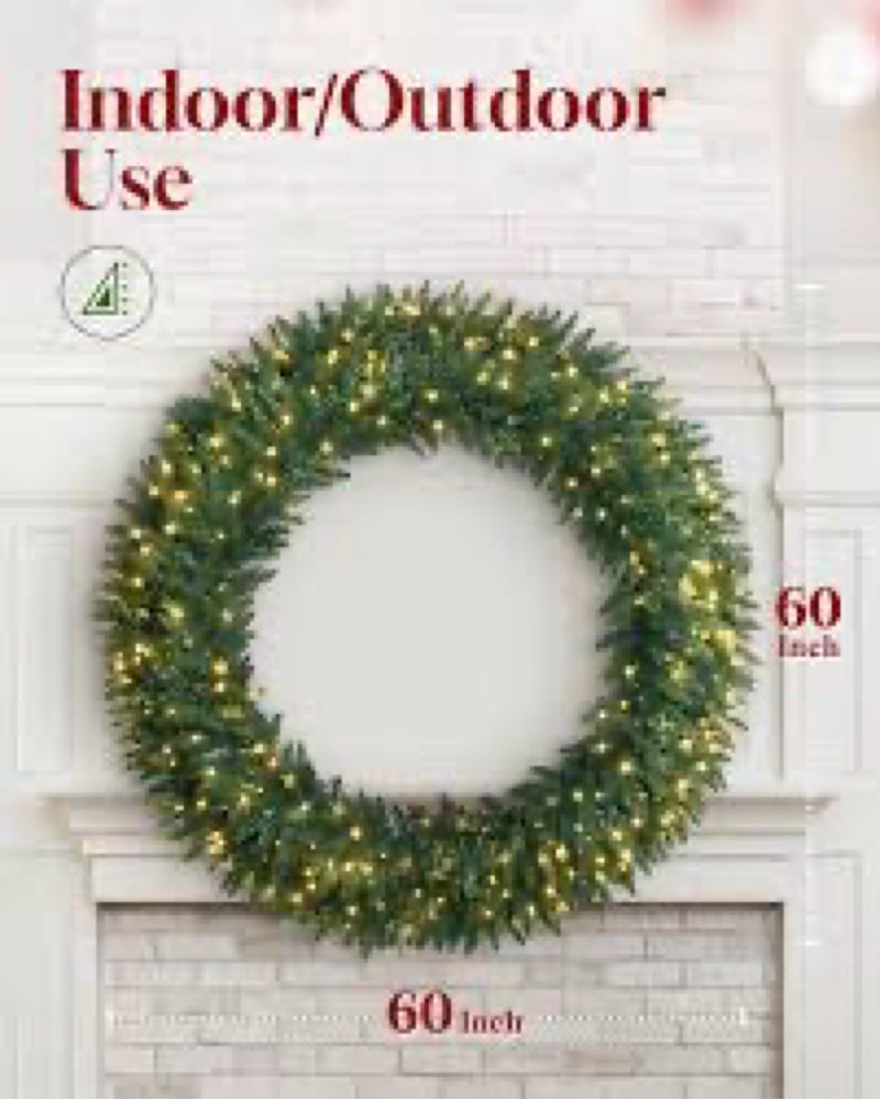 60 Inch Large Prelit Christmas Wreath with 300 Warm White Led Lights 8 Lighting Modes Artificial Out
