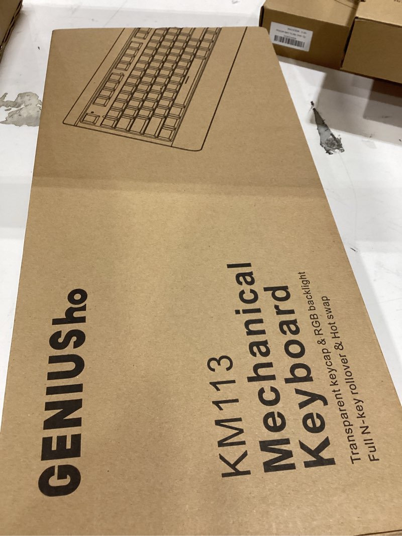 Condition photo showing New/Like New for 104-key full-size gaming mechanical keyboard, transparent keycap rgb backlight, salt ice switches, hot-swappable feet, no conflict in all keys, supports usb-c/bluetooth/wireless 2.4g