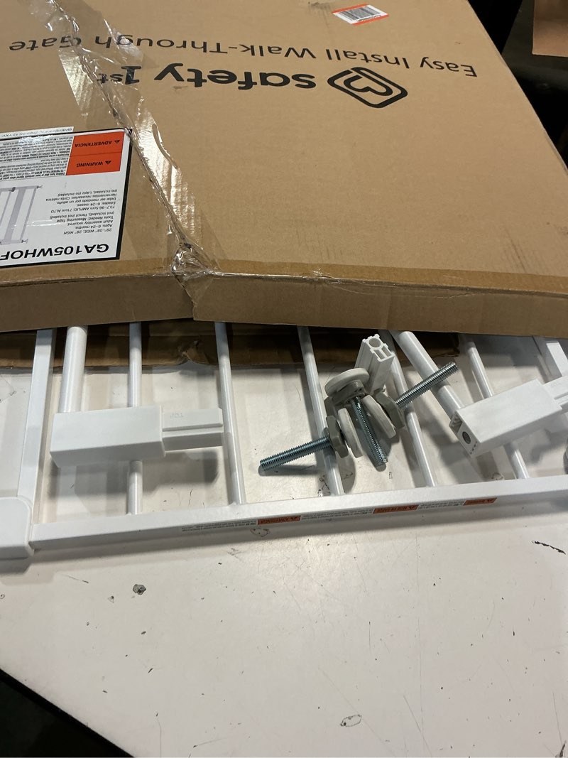 Condition photo showing As Is for safety 1st easy install walk thru baby gate for doorway with door, dog gates, fits 29"-38", easy install 28" tall, white 1-pack 29" to 38" wide x 28" tall white
