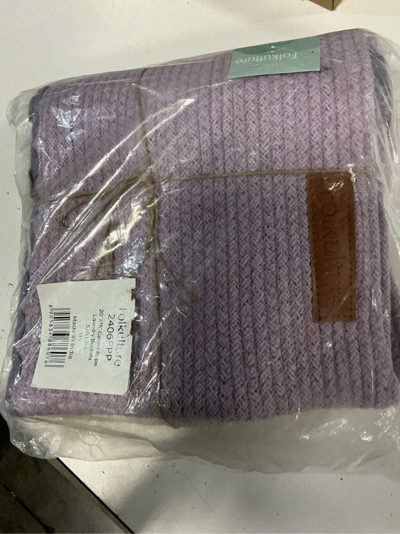 Condition photo showing New/Like New for large cotton rope storage basket, 20''x13'' woven laundry hamper for living room, nursery, toys, blanket organization with handles (white and purple) purple 70 liters